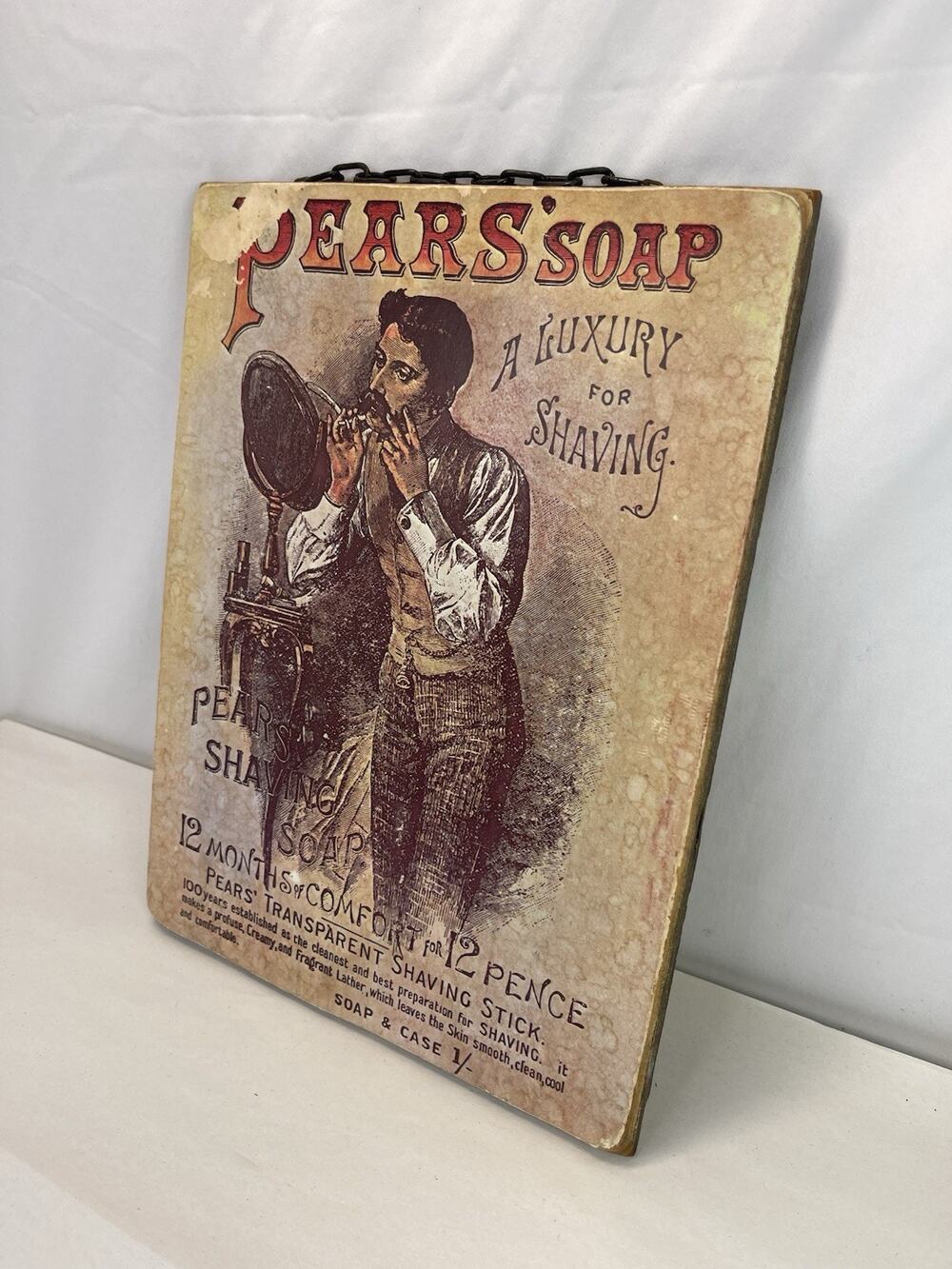 Vintage Pears' Soap Wood Sign Hanging Plaque Luxury Shaving Advertising Art